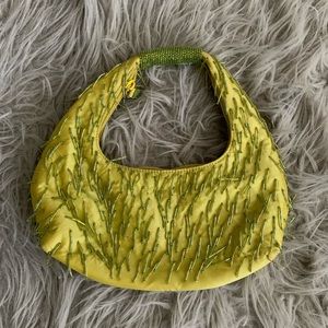 Green satin fringe handbag